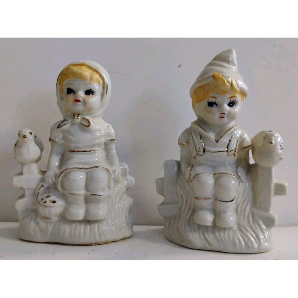 Vintage GOT Porcelain Figurine Pair Boy Girl Bird on Fence White Gold Trim MCM